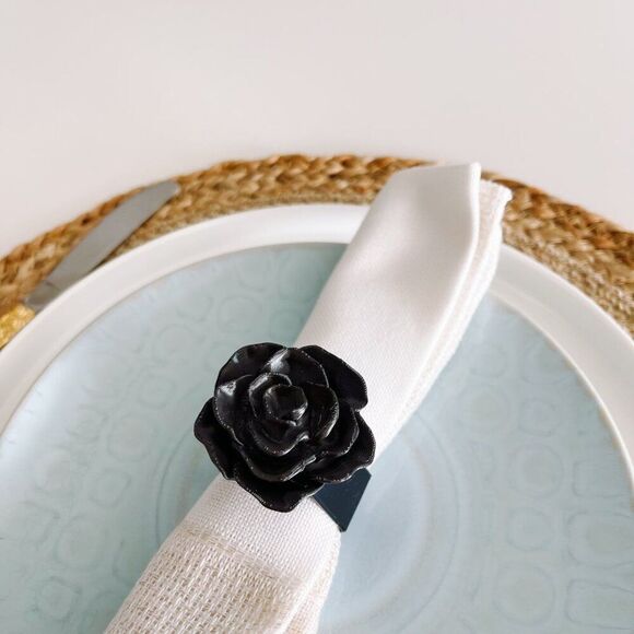 Elegant Rose Napkin Rings – Black Satin- Handmade - Wedding Party Event Planner - Picture 6 of 13